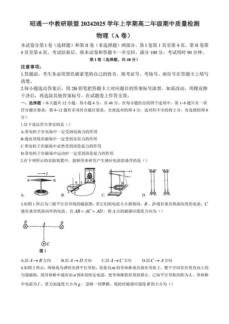云南省昭通市昭通一中教研联盟2024~2025学年高二(上)期中质量检测物理试卷(A卷)(含解析)01