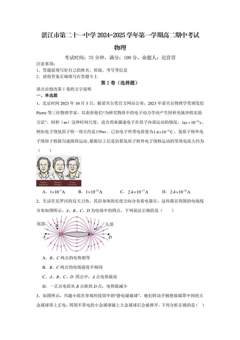 广东省湛江市第二十一中学2024~2025学年高二(上)期中物理试卷(含解析)第1页