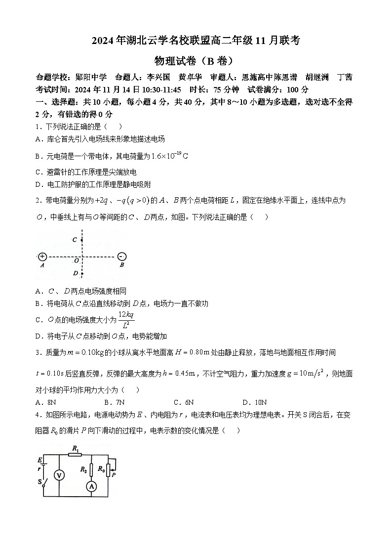 湖北省云学联盟2024-2025学年高二上学期11月期中联考物理试卷(Word版附解析)01