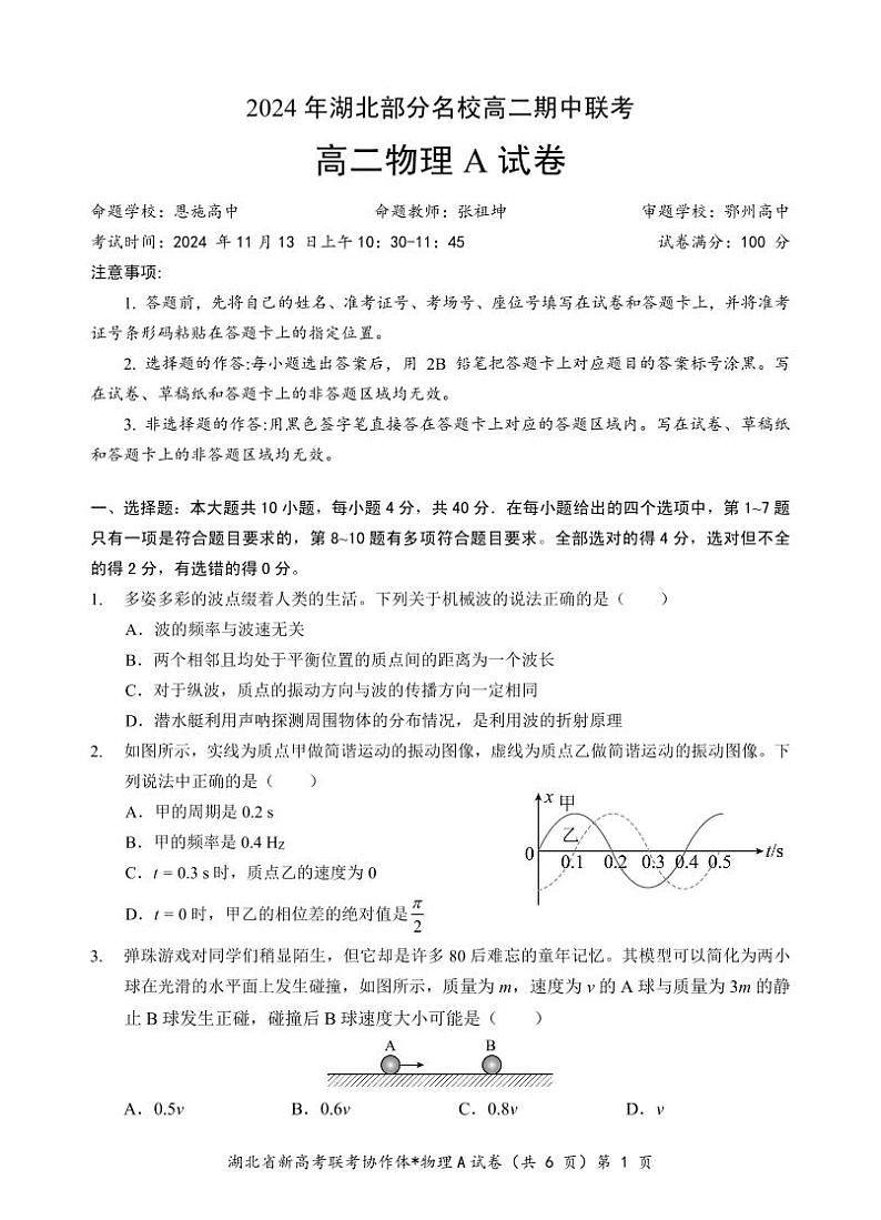 部分名校高二物理A试卷第1页