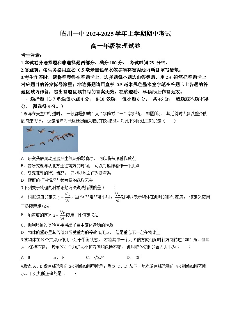 江西省临川第一中学2024-2025学年高一上学期期中考试物理试题01