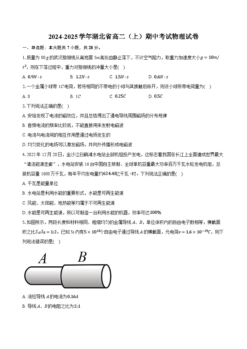 湖北省2024-2025学年高二上学期期中联考物理试卷(Word版附答案)第1页