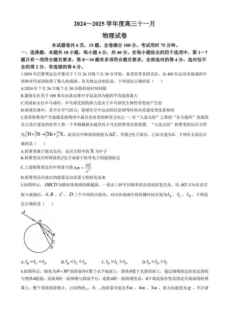 湖北省武汉市江岸区2024~2025学年高三(上)11月调考试卷物理(含答案)第1页