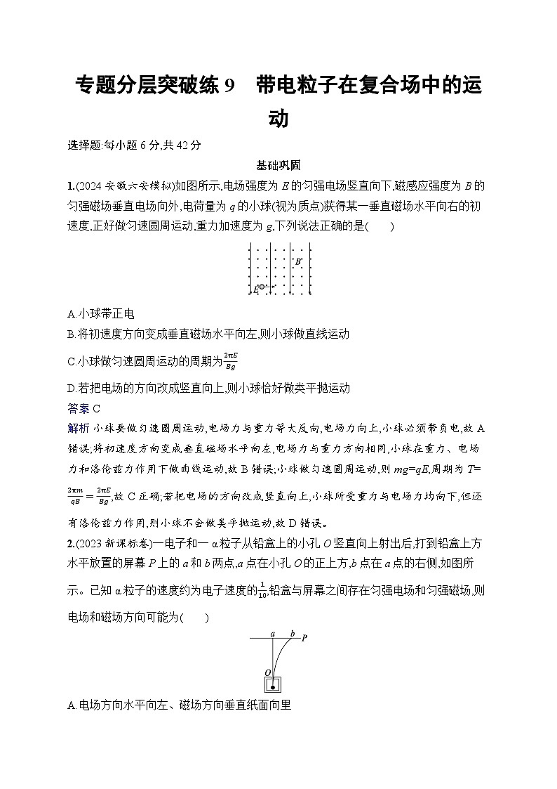 备战2025年高考二轮复习物理(湖南版)专题分层突破练9 带电粒子在复合场中的运动(Word版附解析)01