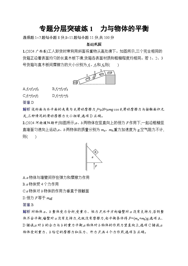 备战2025年高考二轮复习物理(福建专版) 专题分层突破练1 力与物体的平衡(Word版附解析)第1页