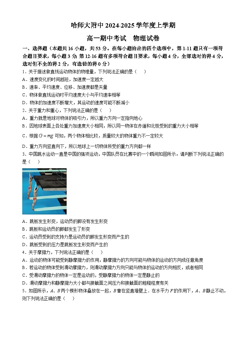 黑龙江省哈尔滨市师范大学附属中学2024-2025学年高一上学期期中考试物理试题第1页