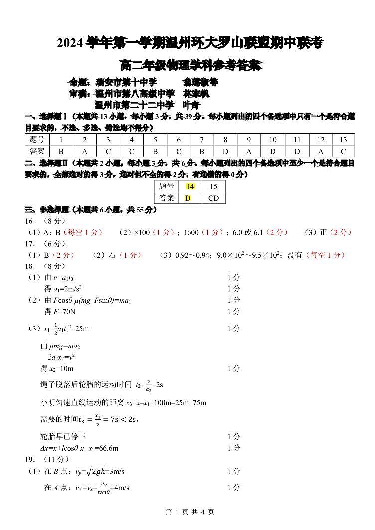 浙江省温州环大罗山联盟2024-2025学年高二上学期期中考试物理试题01