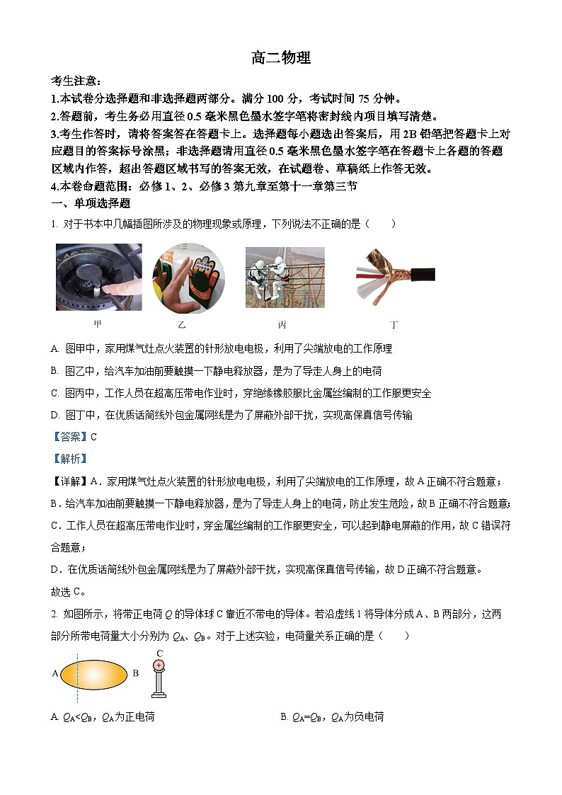 精品解析:安徽省部分学校2024-2025学年高二上学期11月联考物理试卷(解析版)第1页