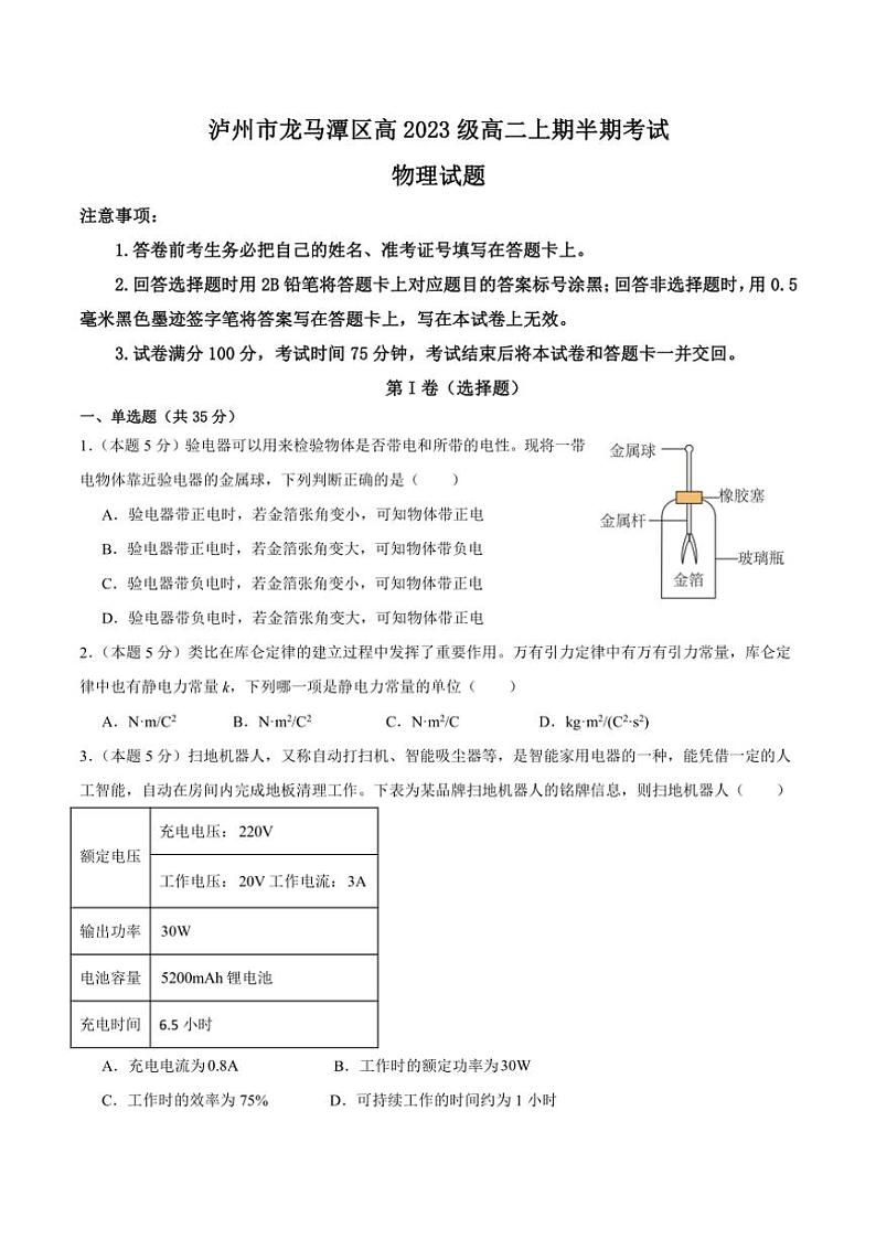 2024~2025学年四川省泸州市龙马潭区高二(上)期中物理试卷(含答案)第1页