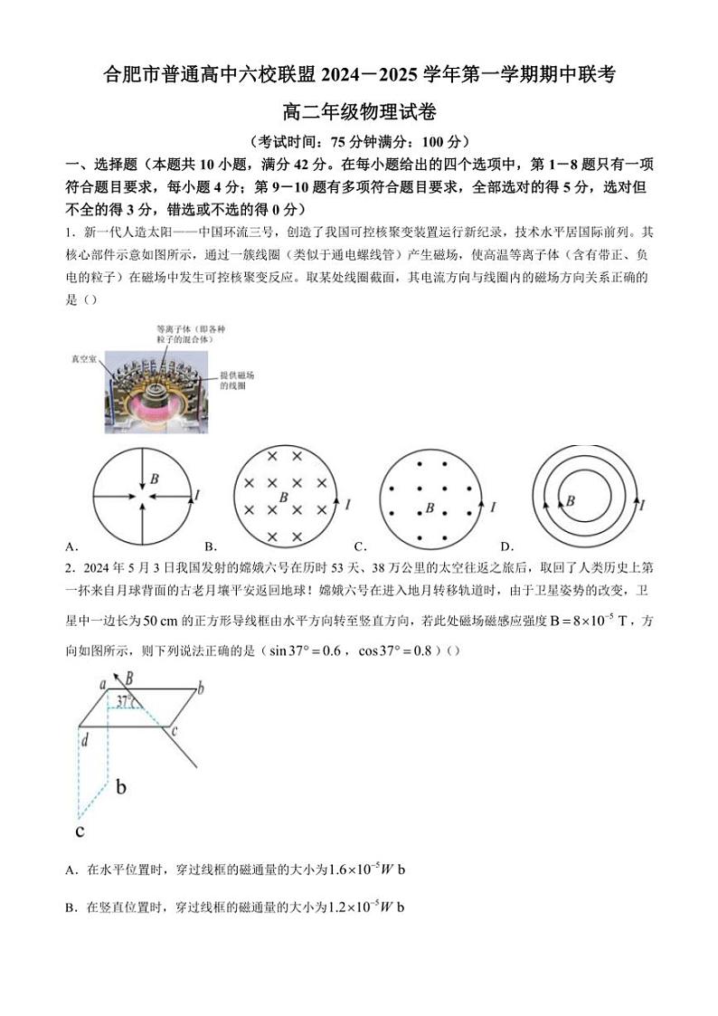 2024~2025学年安徽省合肥市六校联盟高二(上)期中物理试卷(含答案)第1页