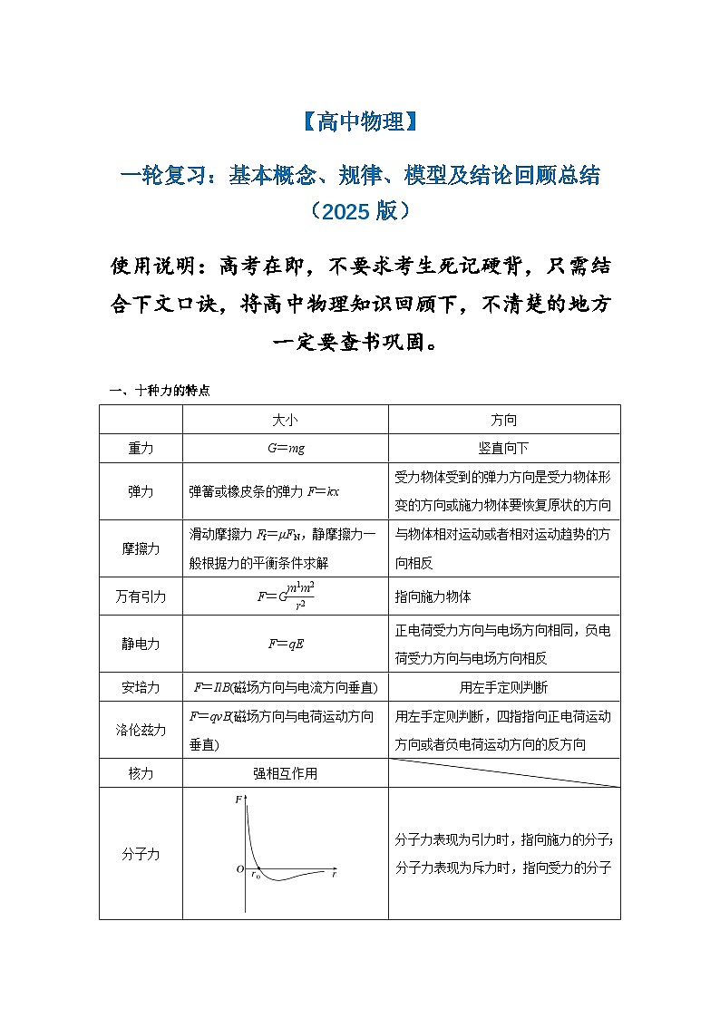 【高中物理】一轮复习:基本概念、规律、模型及结论回顾总结(2025版)-学案第1页