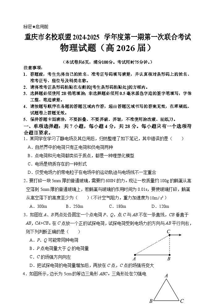 2025重庆市名校联盟高二上学期11月期中考试物理含答案第1页