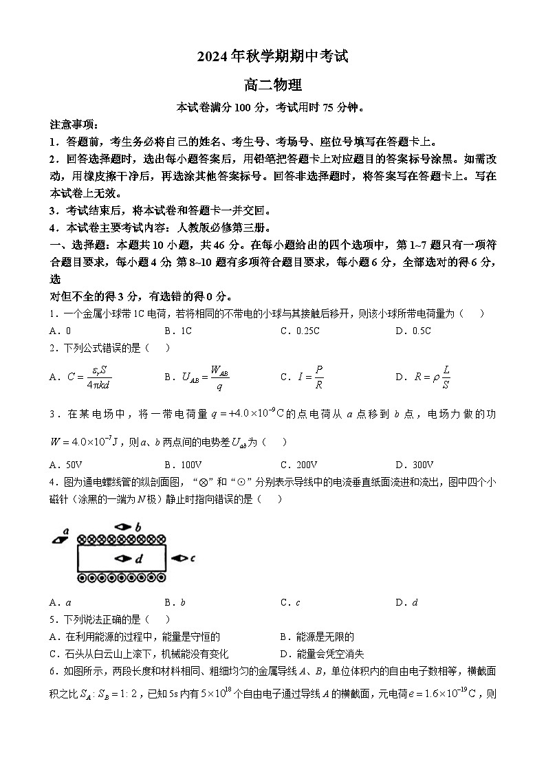 广西壮族自治区部分学校2024-2025学年高二上学期11月期中考试物理第1页