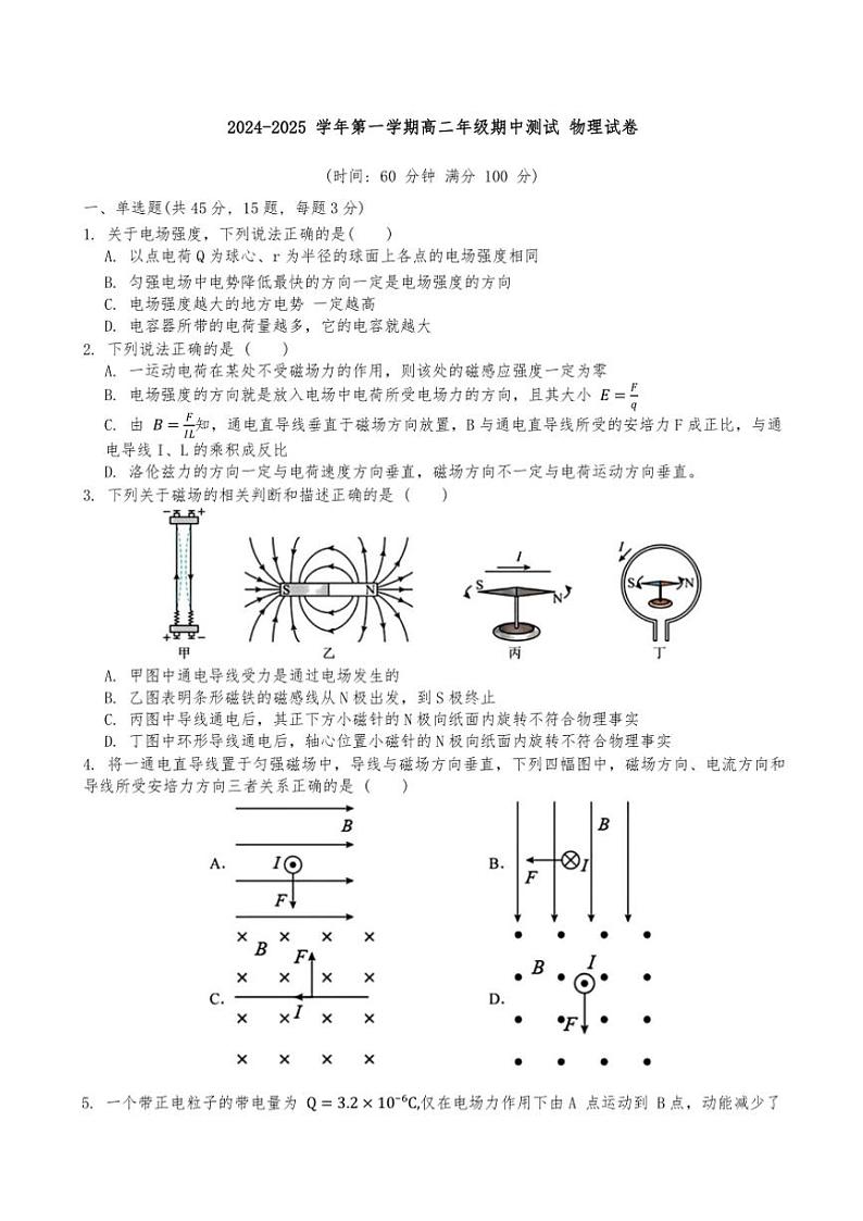 天津市第二十五中学2024~2025学年高二(上)期中物理试卷(含解析)01
