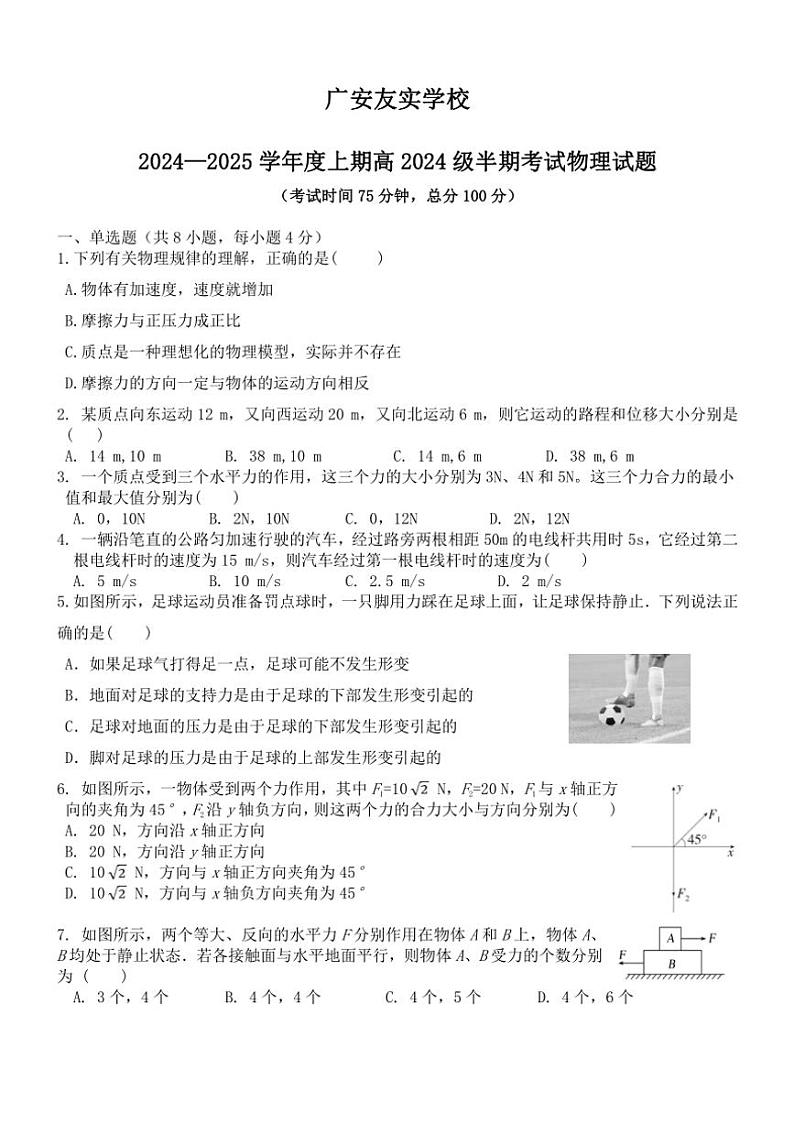四川省广安市广安友实学校2024~2025学年高一(上)期中物理试卷(含答案)第1页