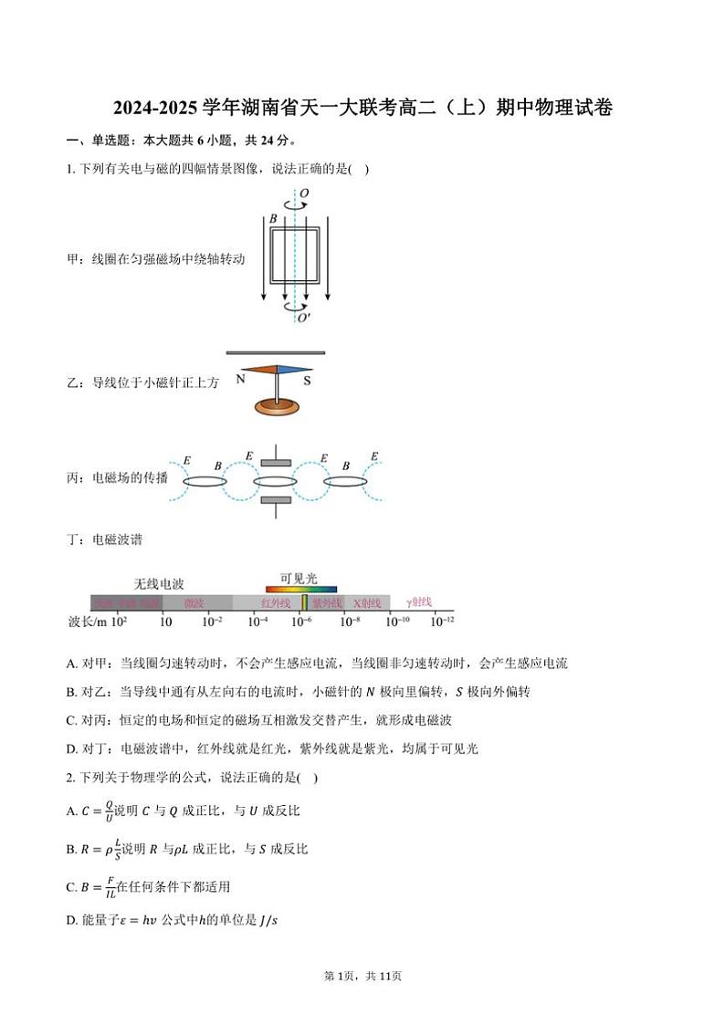 2024~2025学年湖南省天一大联考高二(上)期中物理试卷(含答案)第1页
