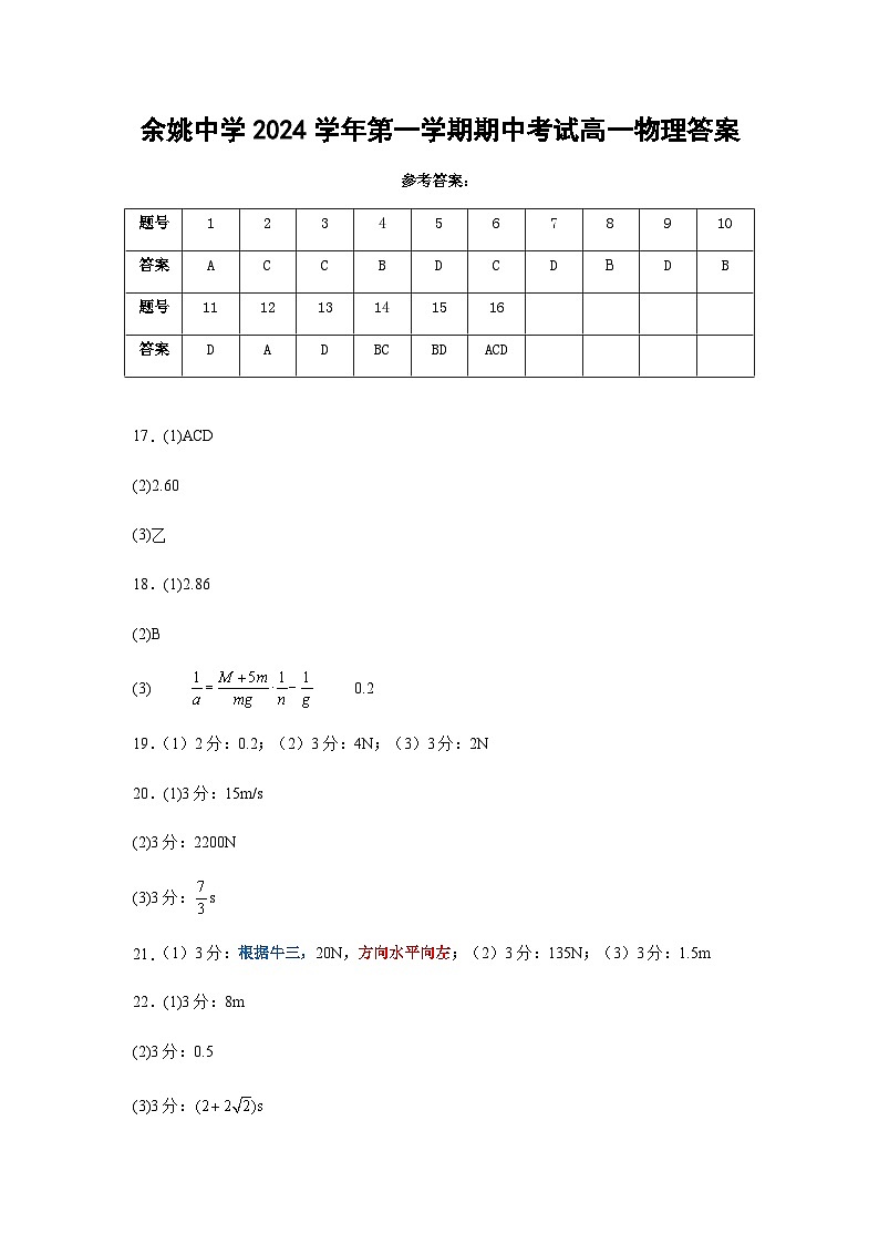 余姚中学2024学年第一学期期中考试高一物理答案第1页
