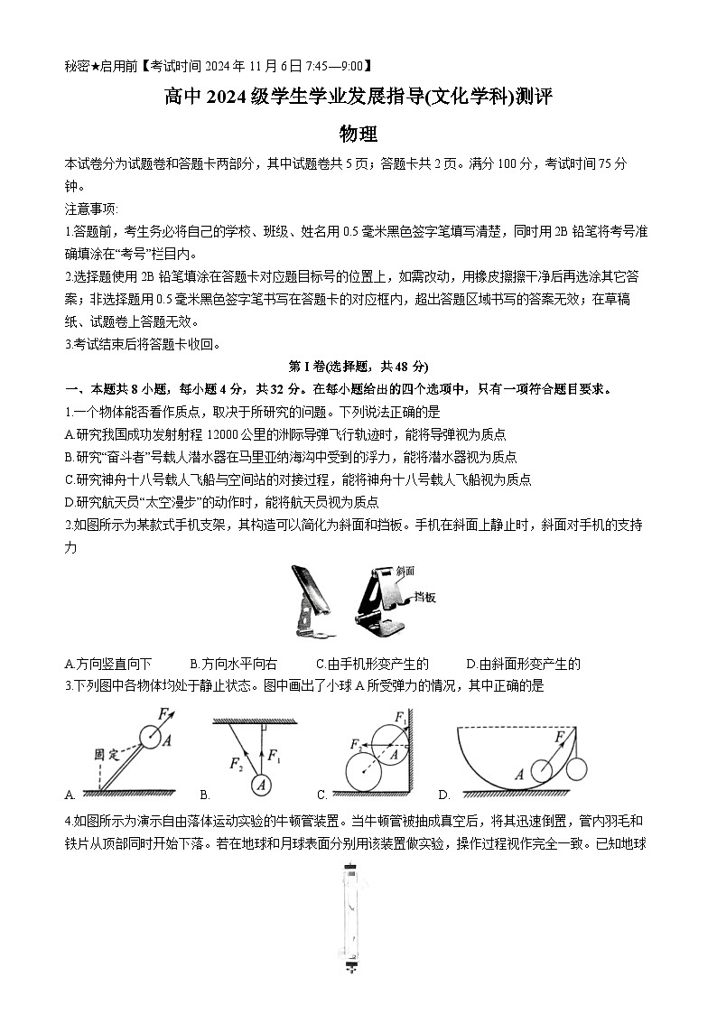 2025绵阳高一上学期11月期中考试物理无答案01