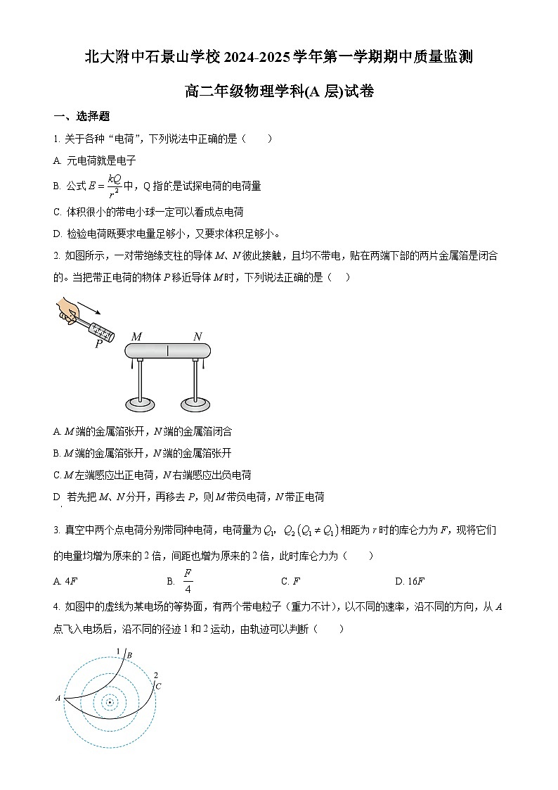 北京市北京大学附属中学石景山学校2024-2025学年高二上学期期中质量监测物理试题(原卷版)-A4第1页