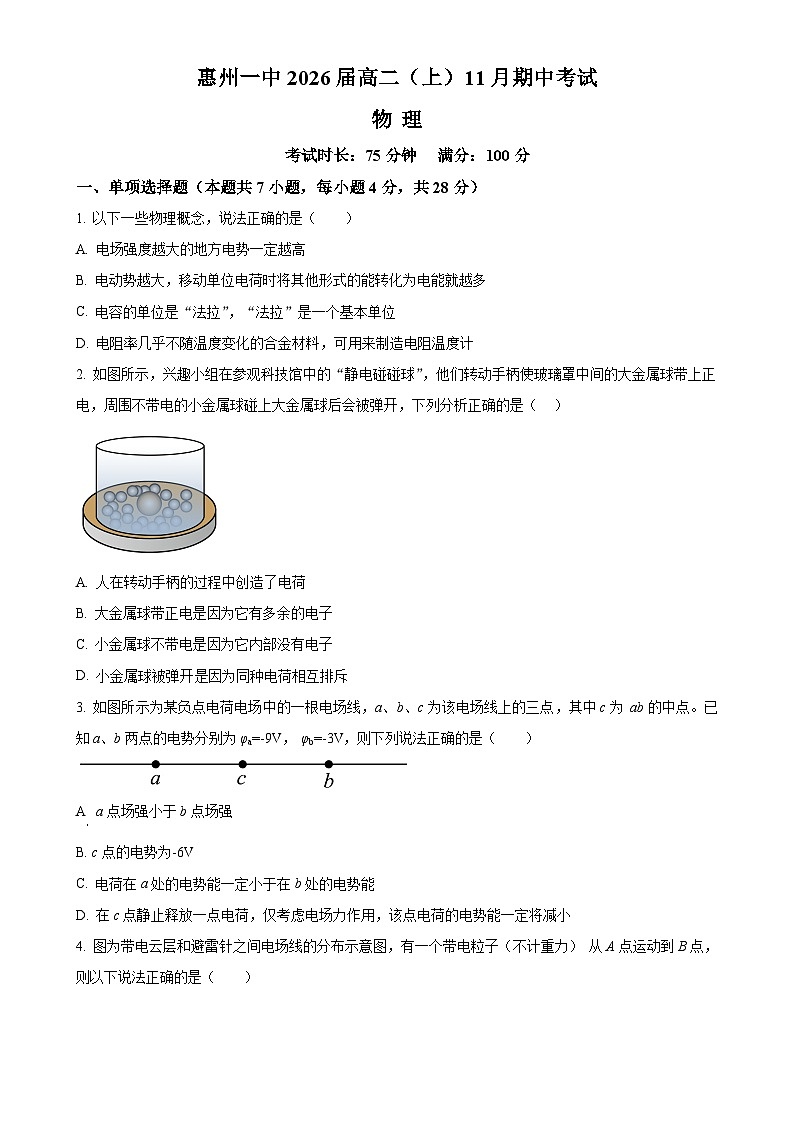 广东省惠州市第一中学2024-2025学年高二上学期11月期中物理试题(原卷版)-A4第1页