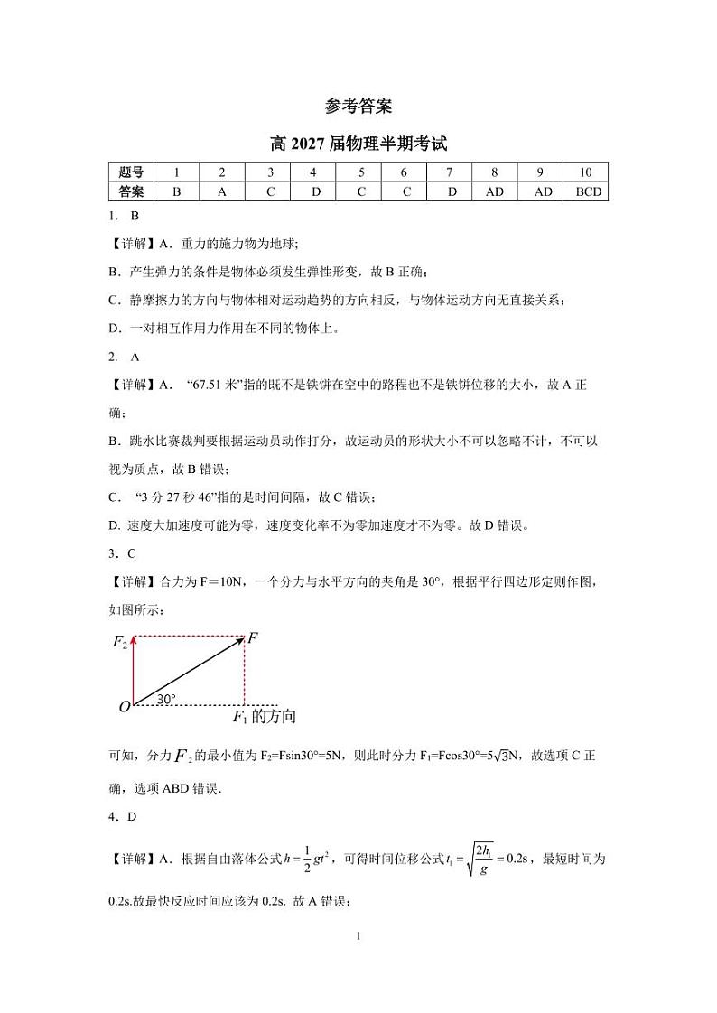 高一物理-参考答案 (1)第1页