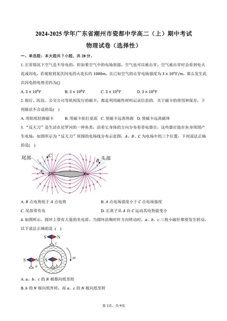 2024~2025学年广东省潮州市瓷都中学高二(上)期中物理试卷(选择性)(含答案)第1页
