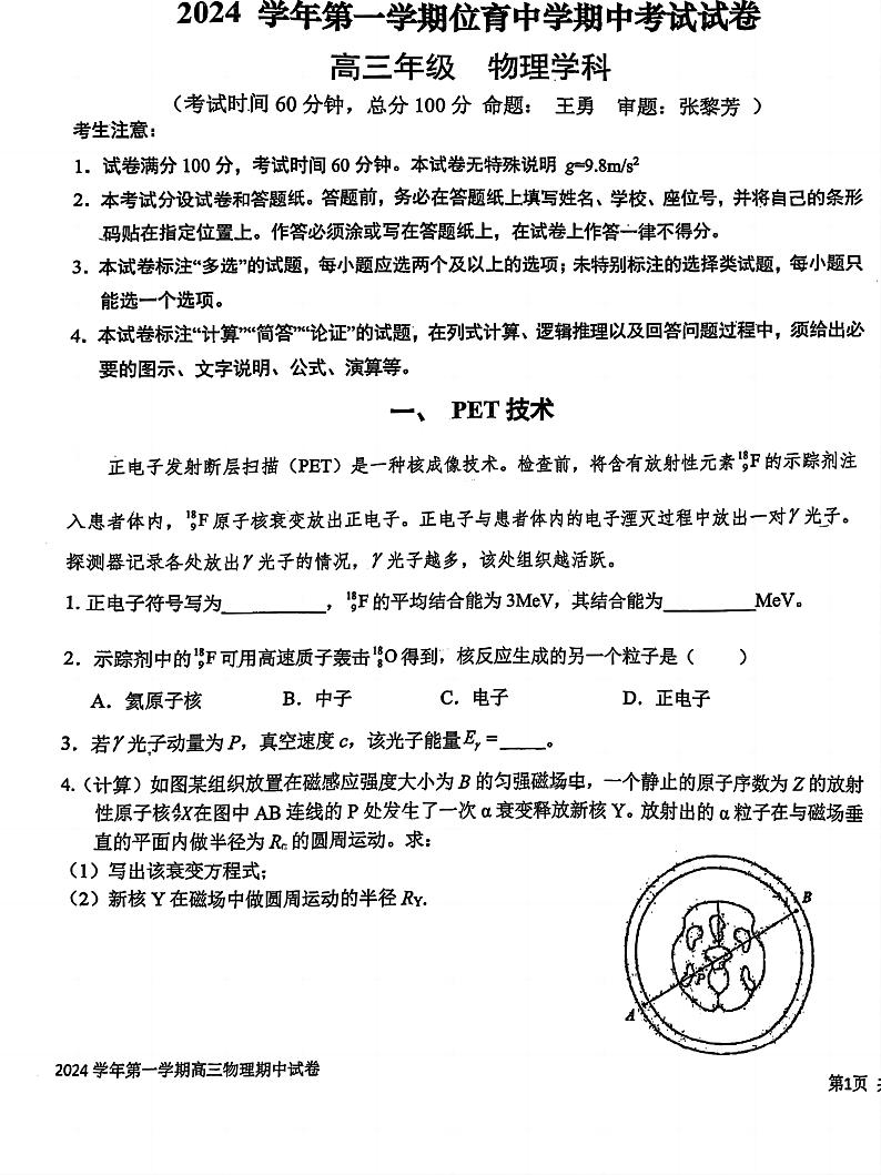 上海市位育中学2024-2025学年高三上学期期中考试物理试卷第1页