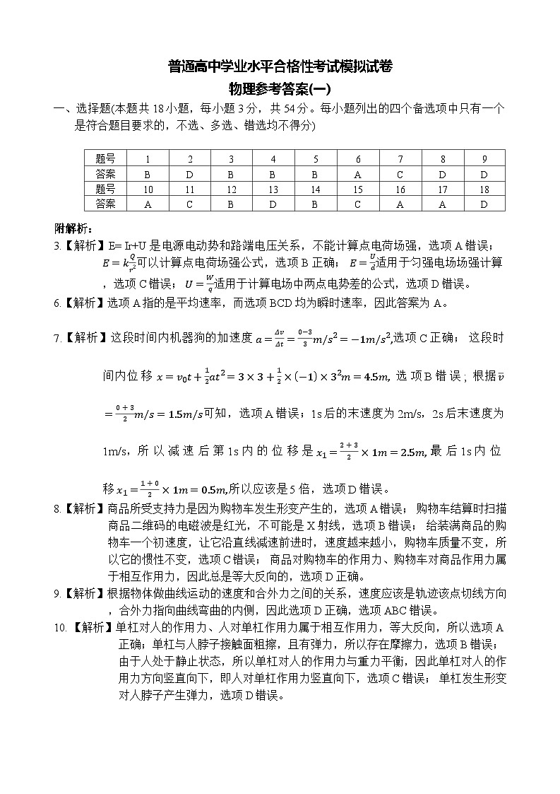 浙江省普通高中学业水平合格性考试模拟试卷(1)答案第1页