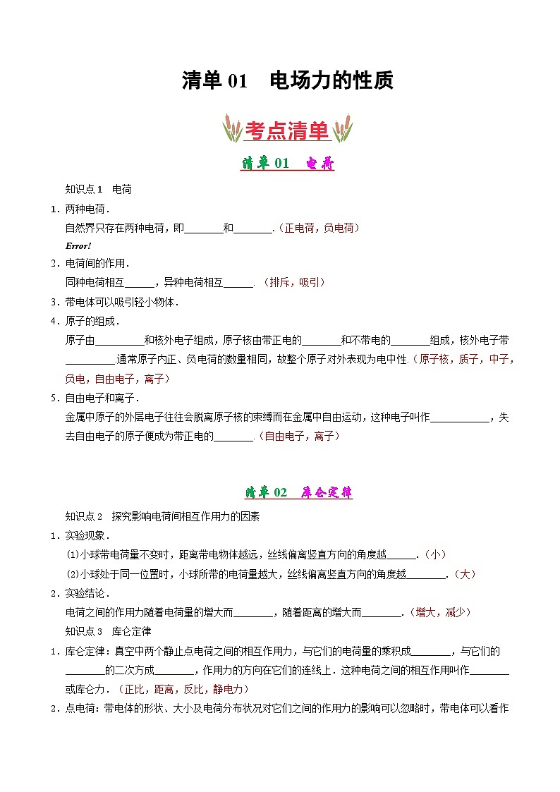专题01 电场力的性质(考点清单)-2024-2025学年高二物理上学期期末考点(人教版2019)(解析版)第1页