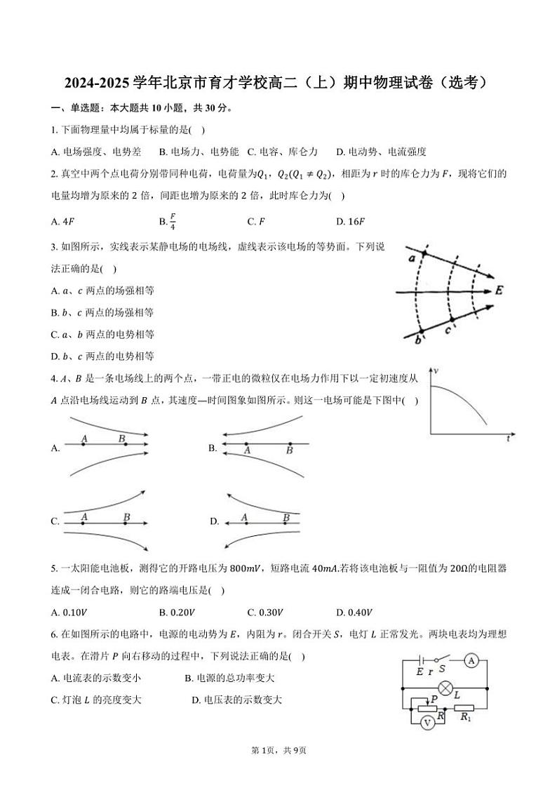 2024~2025学年北京市育才学校高二(上)期中物理试卷(选考)(含答案)第1页