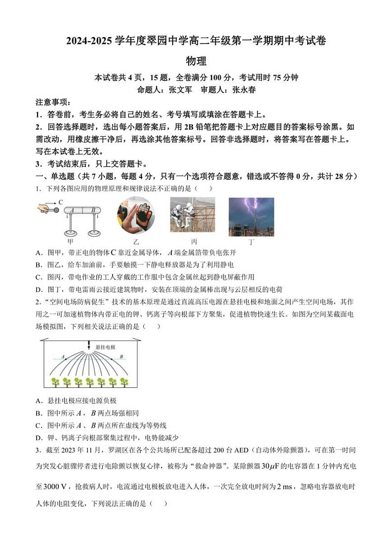 2024~2025学年广东省深圳市翠园中学高二(上)期中物理试卷(缺答案)第1页