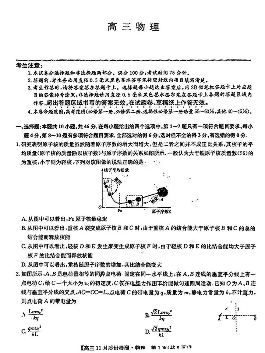 2025九師聯(lián)盟高三(上)教學(xué)質(zhì)量監(jiān)測11月聯(lián)考物理試題第1頁