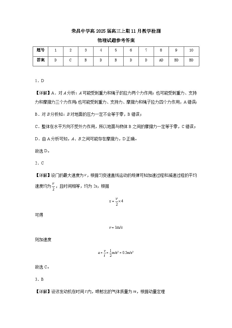 荣昌中学高2025届高三上期11月教学检测物理参考答案第1页