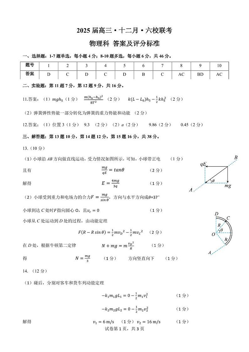 2025届高三·十二月·六校联考物理科答案第1页