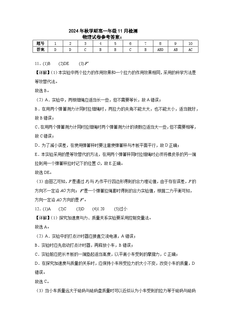 高一年级12月月考检测物理答案第1页