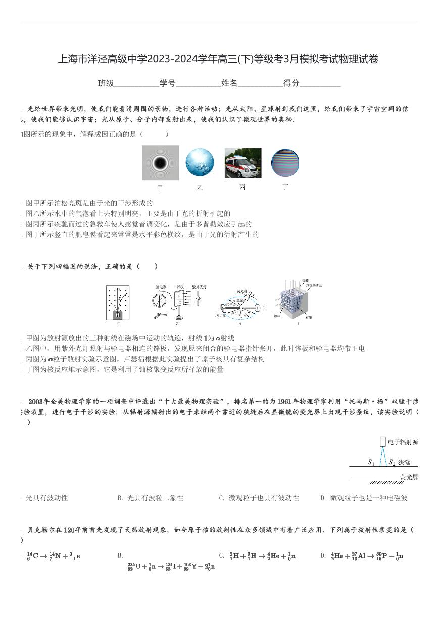 上海市洋泾高级中学2023-2024学年高三(下)等级考3月模拟考试物理试卷(含解析)