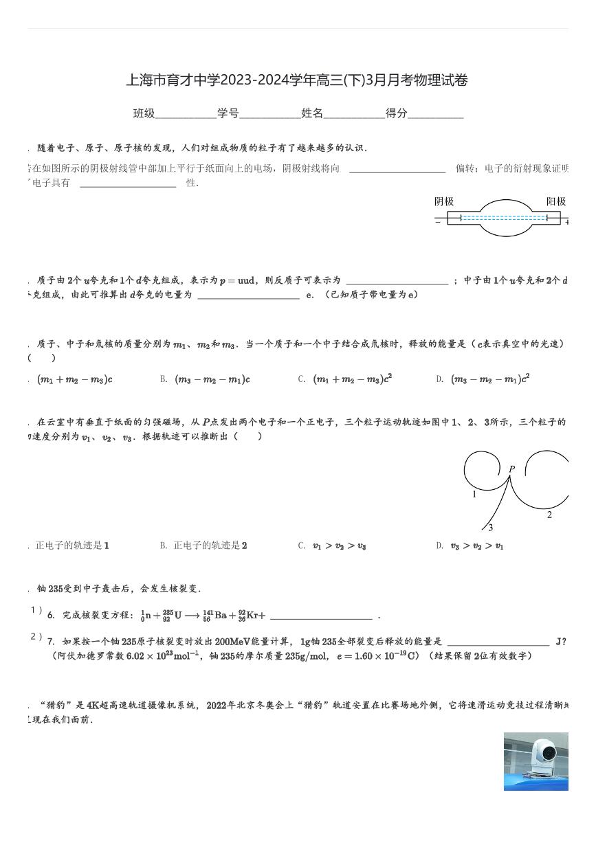 上海市育才中学2023-2024学年高三(下)3月月考物理试卷(含解析)