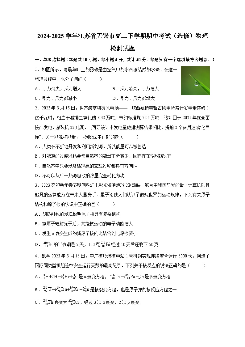 2024-2025学年江苏省无锡市高二下学期期中考试（选修）物理检测试题（含答案）