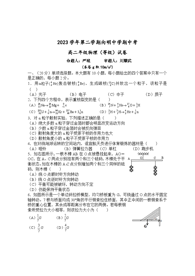 上海市向明中学2023-2024学年高二下学期期中考试（等级）物理试卷