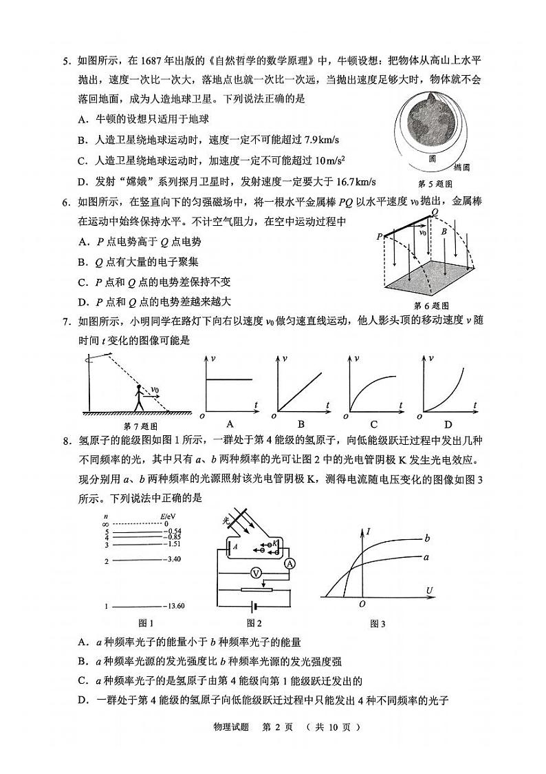 2025届浙江绍兴市诸暨市高三12月联考物理试题第2页
