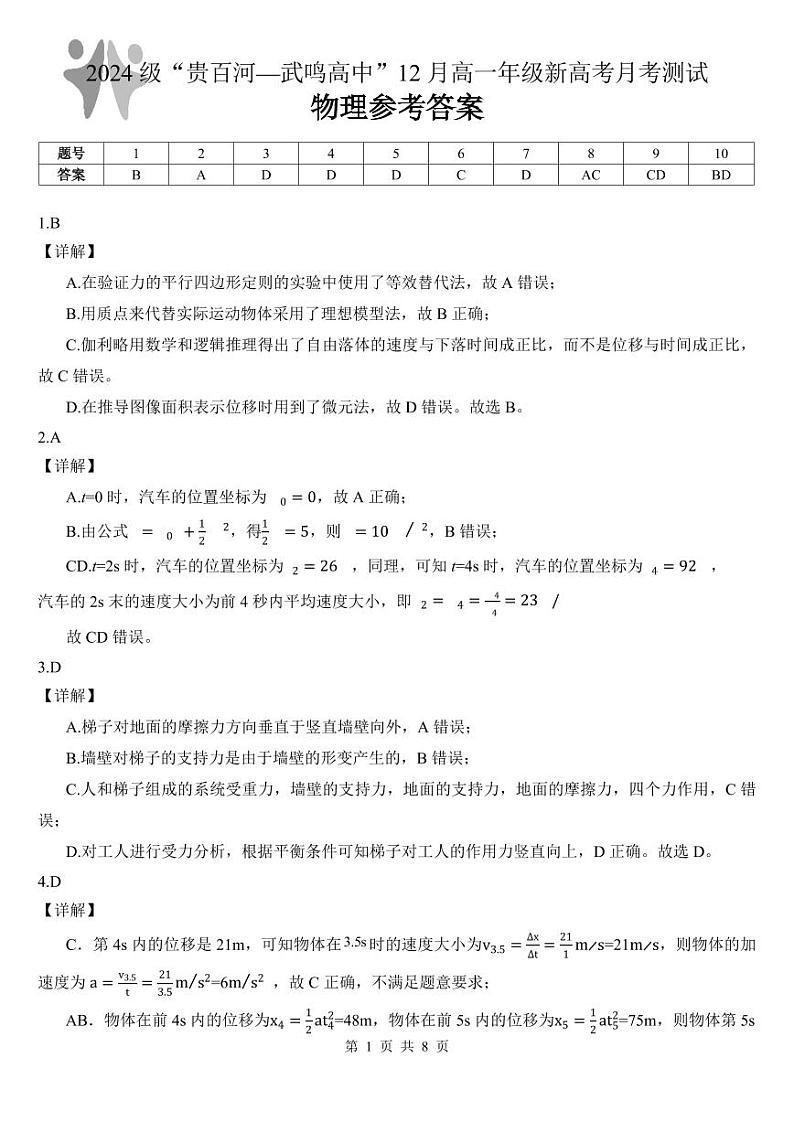 (物理)2024级“贵百河—武鸣高中”12月高一月考 参考答案1第1页