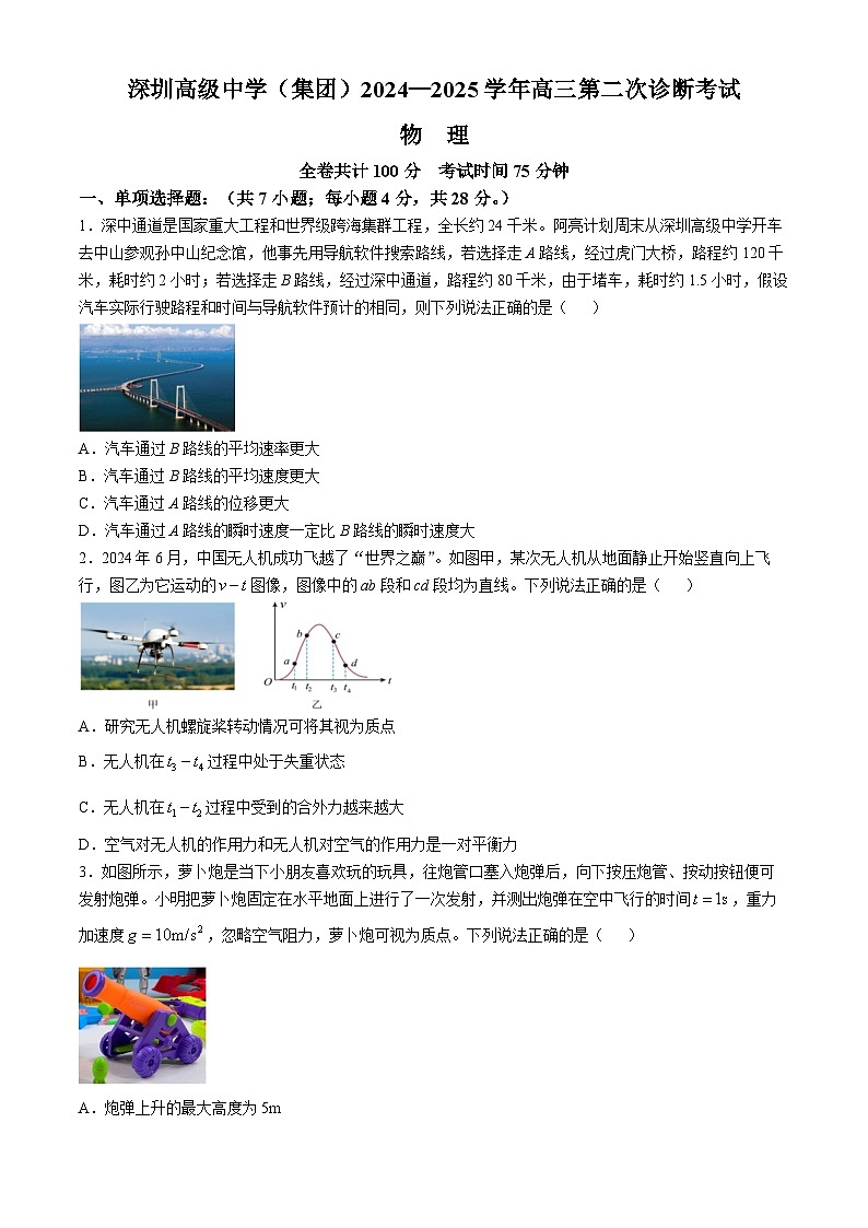 2025深圳高级中学高三上学期第二次诊断考试物理试题含答案第1页
