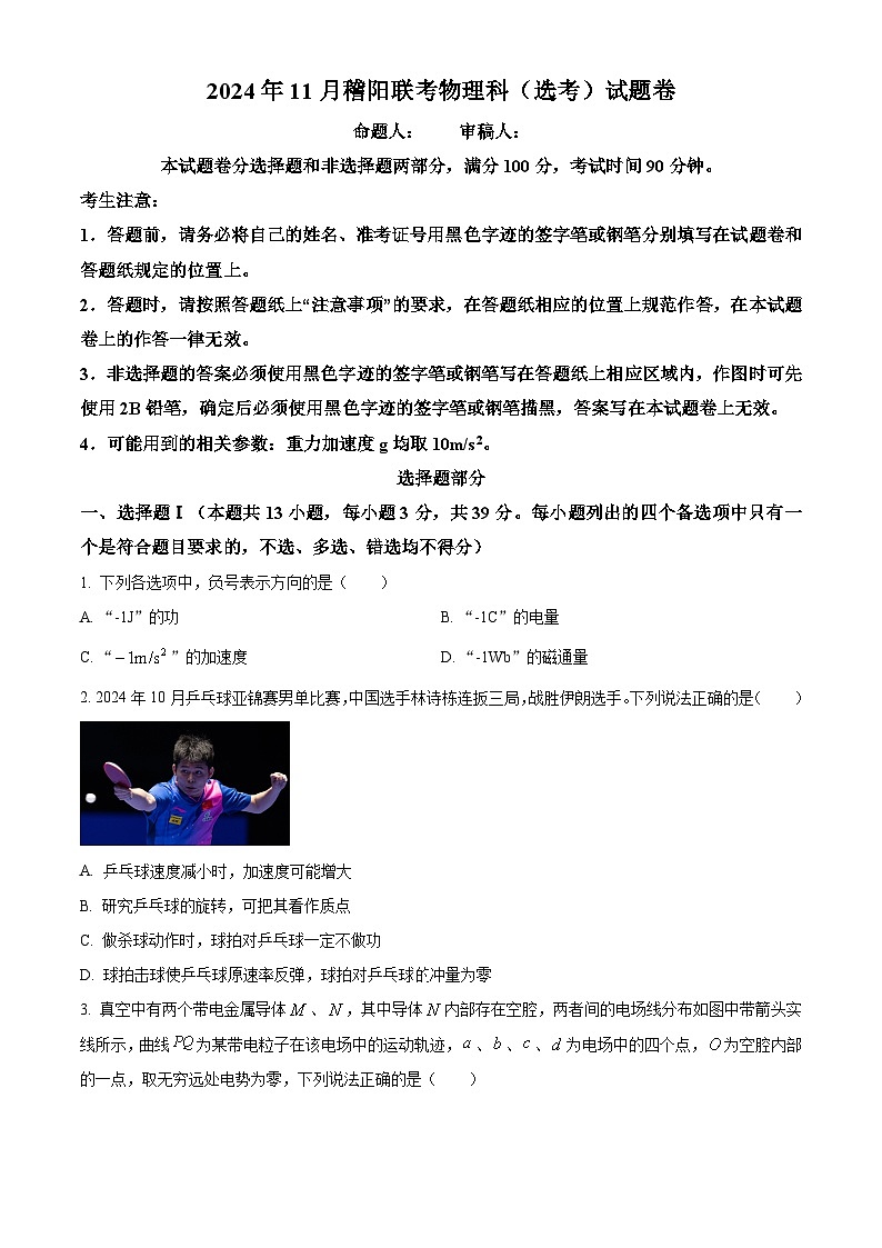浙江省稽陽聯(lián)誼學(xué)校2024-2025學(xué)年高三上學(xué)期11月聯(lián)考物理（選考）試題 Word版無答案第1頁