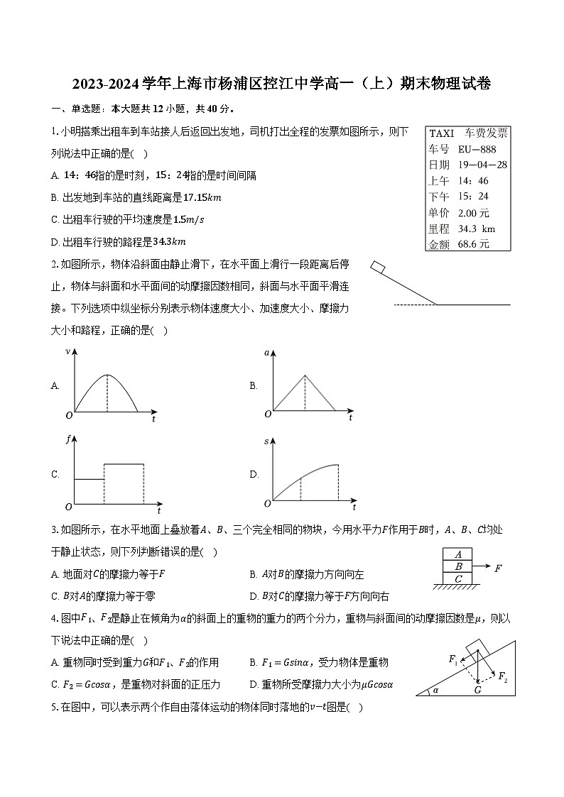 2023-2024学年上海市杨浦区控江中学高一(上)期末物理试卷(含答案)第1页