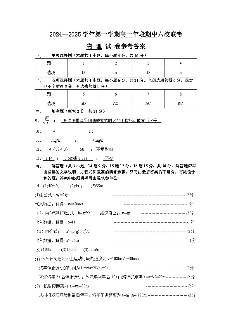 2024—2025學(xué)年第一學(xué)期高一年段期中六校聯(lián)考物理試卷參考答案第1頁