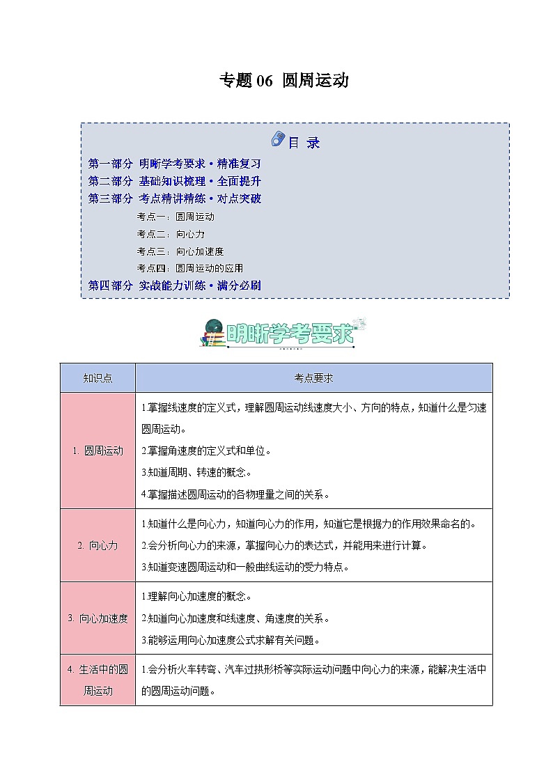 专题06 圆周运动(知识梳理+4大考点精讲精练+实战训练)(解析版)第1页