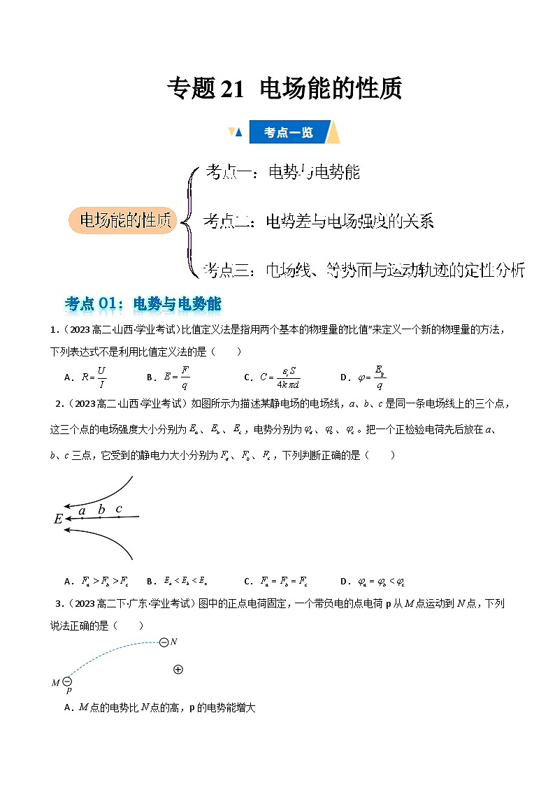 专题21 电场能的性质备战2025年高中学业水平合格考物理真题分类汇编(全国通用)原卷版第1页