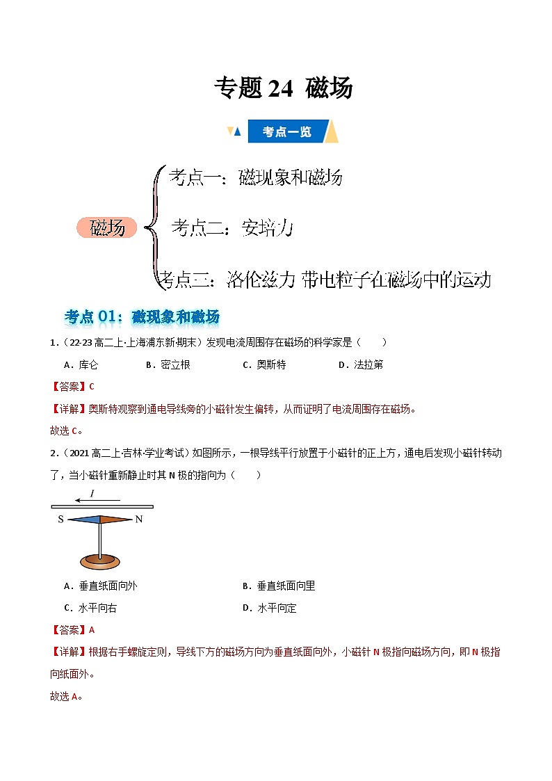 专题24 磁场备战2025年高中学业水平合格考物理真题分类汇编(全国通用)解析版第1页
