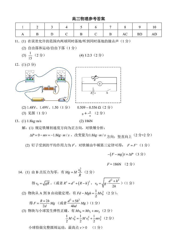 西南大学附中一诊模拟考试物理答案第1页