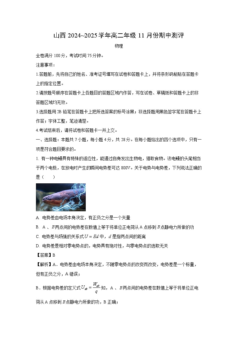 山西省运城市2024-2025学年高二(上)11月期中物理试卷(解析版)第1页